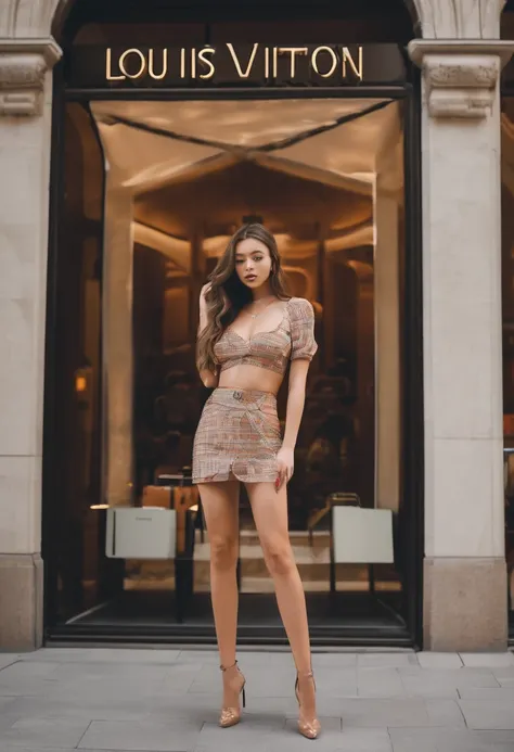 21-year-old girl, brunette, with wavy hair, stands in front of a Louis Vuitton shop, touching her hair. She showcases a slender figure and a model-like appearance, wearing Louis Vuitton pantyhose and a Louis Vuitton crop top, capturing the elegance and sop...