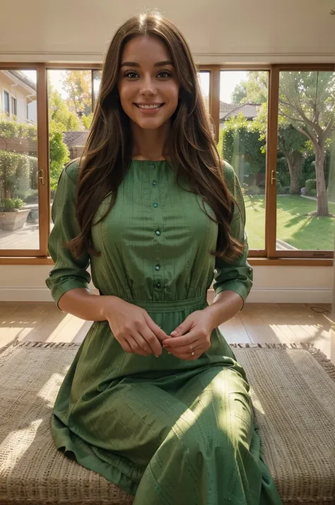 a woman named jenny summers selling a beautiful house, detailed facial features, long brown hair, elegant dress, charming smile, house with large windows, green garden, sunlight, cinematic lighting, photorealistic, hyper detailed, award winning artwork, vi...