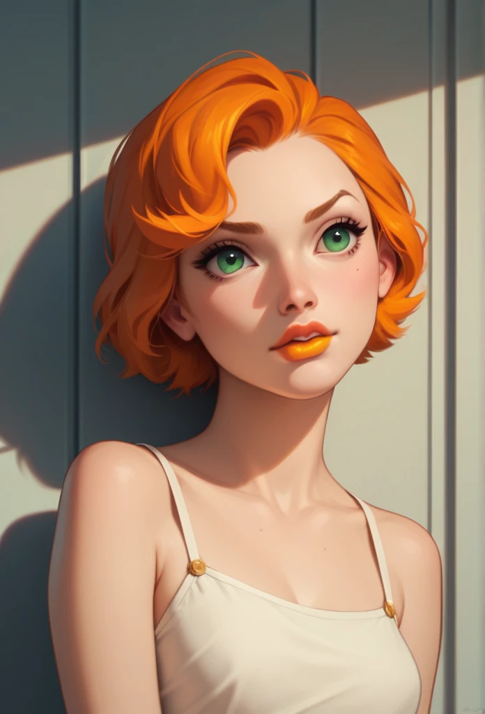 a fire girl with green eyes,orange hair and peach lips