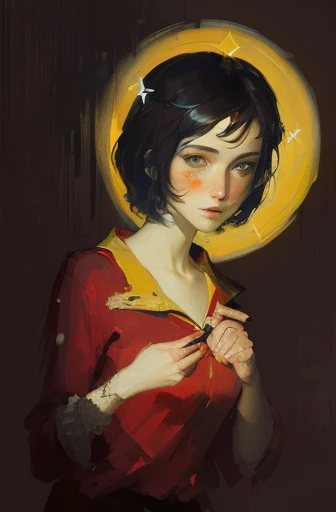 arafed image of a woman with a red shirt and a yellow halo, inspired by Giotto, saint woman, stylised painting, colored sketch, speedpaint, an expressive digital painting, speedpainting, drawn with photoshop, inspired by Mead Schaeffer, blurry and dreamy i...