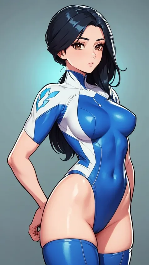 Illuminated design, high quality, animation, married woman, fair skin, beautiful face, clean, bright, eye highlights, beautiful line drawing. Black hair, white skin, brown eyes, centered, head to waist, blue leotard outfit, simple background,