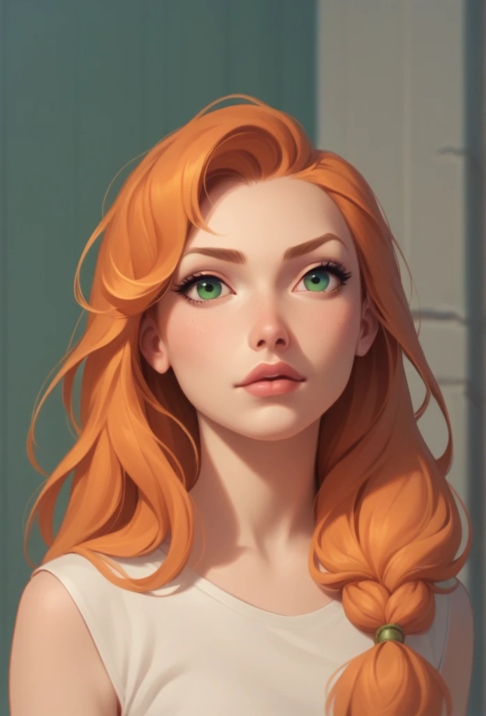 a fire girl with green eyes,long orange hair and peachy lips