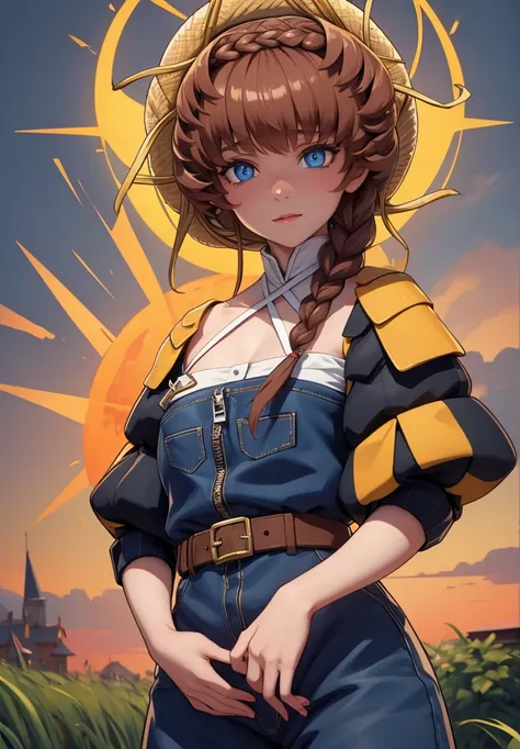 vangogh, van gogh, blue eyes, braid, brown hair, crown braid, side braid,
break belt, black sleeves, blue overalls, buckle, clot...