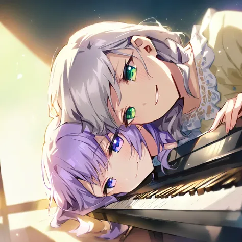 (masterpiece:1.3), anime visual, (Lovey-dovey:1.5), (tilt head:1.3), extremely delicate face, soft clean focus, realistic lighting and shading, (an extremely delicate and beautiful art:1.3),
Two girls, one piano, duet, one girl with pale purple hair and gr...