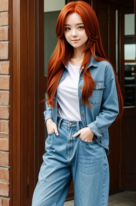 anime girl redhead long hair wearing casual clothes waifu style