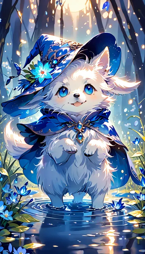 absurdres, highres, ultra detailed, hdr, master piece, small dog, white dog, expressive blue eyes, magical hat, cute, best quali...