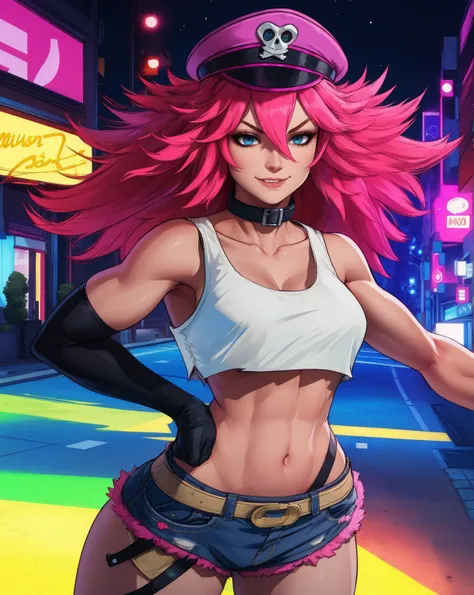 poison,pink hair,blue eyes,longt hair,white crop top,single elbow glove,collar,short shorts,
peaked cap,
upper body,standing,smi...