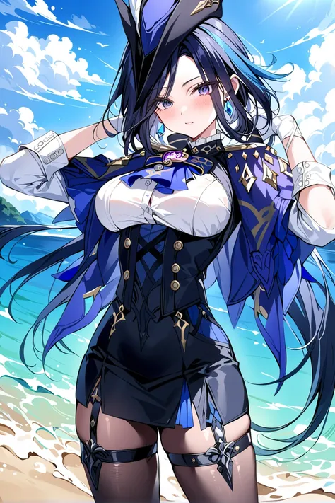 anime girl with blue hair and black outfit on beach