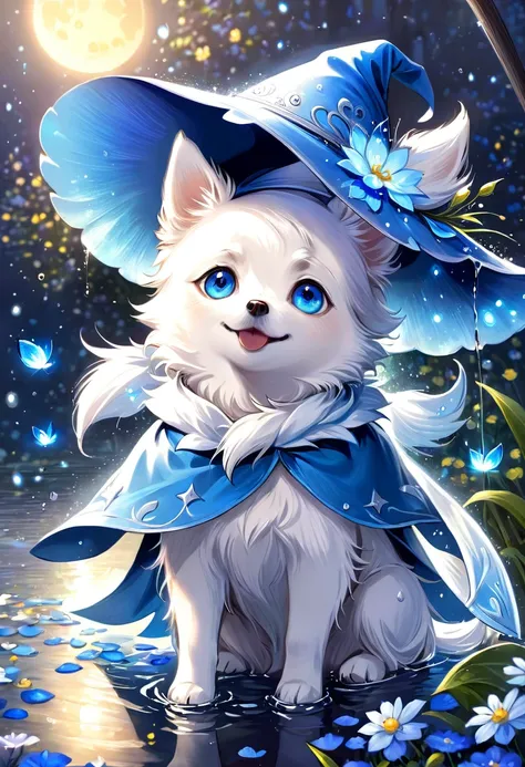 absurdres, highres, ultra detailed, hdr, master piece, small dog, white dog, expressive blue eyes, magical hat, cute, best quali...