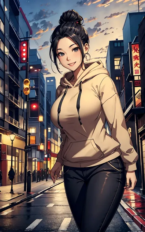 Scenery in the city、Many skyscraperasterpiece:1.4)、(highest quality:1.4)、ultra high resolution、beautiful features、25 year old woman、Black hair bun hair、Beige hoodie、black pants、(huge breasts:1.1)、red face、smile、arms behind body、night