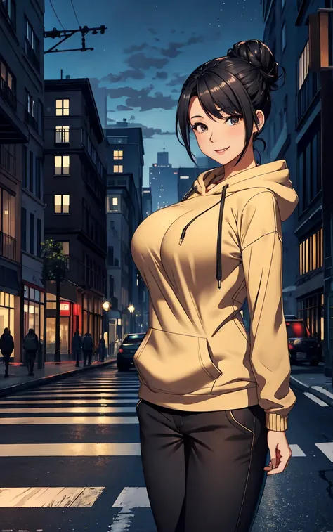 Scenery in the city、Many skyscraperasterpiece:1.4)、(highest quality:1.4)、ultra high resolution、beautiful features、25 year old woman、Black hair bun hair、Beige hoodie、black pants、(huge breasts:1.1)、red face、smile、arms behind body、night