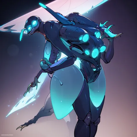 a tall alien woman with four glowing blue arms, four arms, three fingers and sharp claws, arthropod