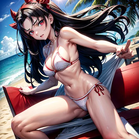 Rin Tohsaka posing on the beach in front of the camera in a white bikini with red trim ,with his left hand between his legs, black hair bright blue eye, serious face.