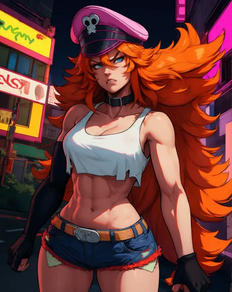 roxy,orange hair,blue eyes,long hair,white crop top,single elbow glove,collar,short red shorts,
peaked cap,
upper body,standing,...