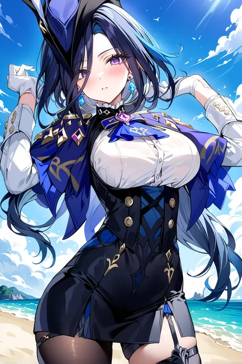 anime girl with long black hair and blue dress on beach