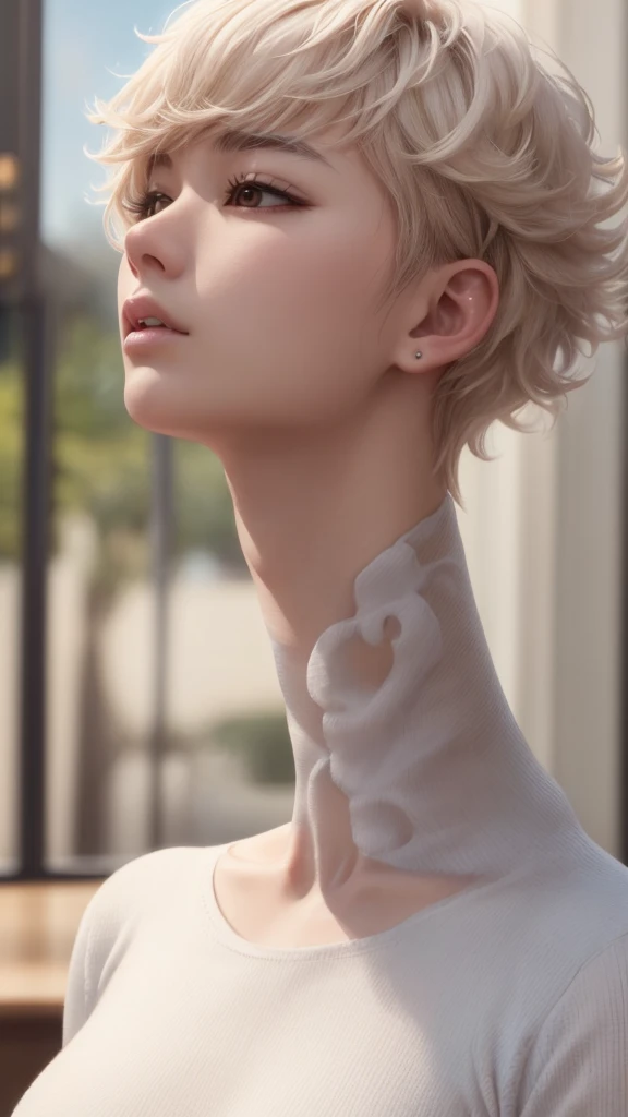 (ultra realistic, highly detailed:1.4), best quality, androgynous korean person, fluffy hair, loose turtleneck shirt, (longneck:...