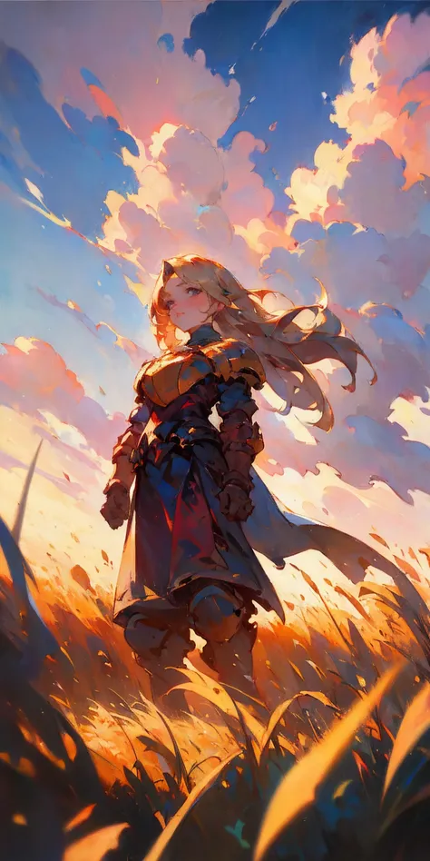 stunning painting of a knight with long blonde hair, wheat field, epic clouds ((painterly)) ((impressionist)) vibrant, soft edge...