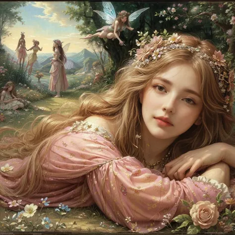 a painting of a woman lying on the ground with flowers in her hair, beautiful fairys, beautiful fantasy art portrait, beautiful ...