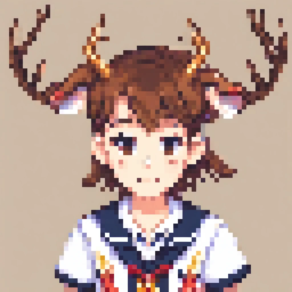 A student wearing a sailor suit with deer antlers,  Pixel art, PixArFK, 