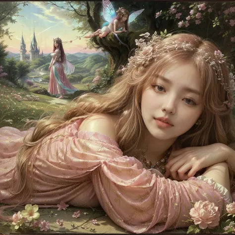 a korean girl with big breasts in a pink dress lying on the floor with long wavy hair with a fairy tale in the background, lovel...