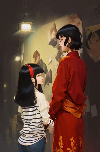 there is a painting of a woman and a  standing together, inspired by Satoshi Kon, satoshi kon artstyle, style of satoshi kon, inspired by Oswaldo Viteri, satoshi kon anime, by Juliette Leong, inspired by Rumiko Takahashi, movie illustration, blurry and dre...