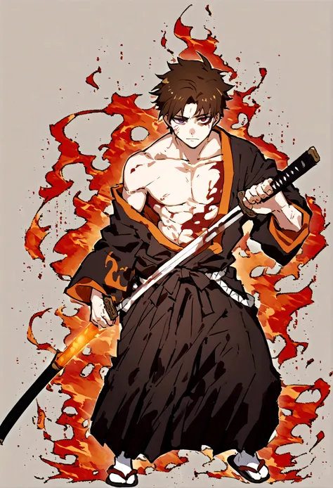 a samurai teenager boy with brown hair mixed with orange from below with spilt hair bangs left eye red right eye orange both eye...