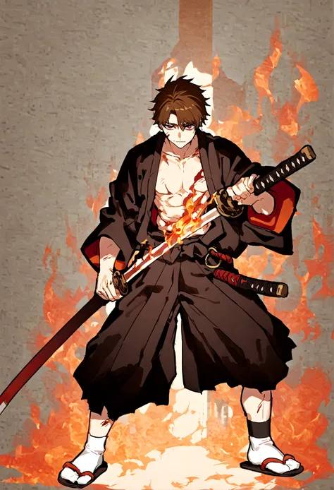 a samurai teenager boy with brown hair mixed with orange from below with spilt hair bangs left eye red right eye orange both eye...