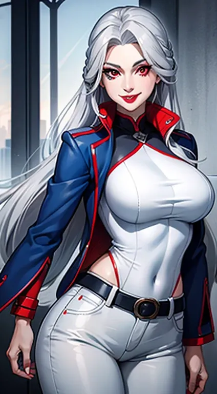 adult woman, long gray hair, red eyes, red eyeshadow, blue lipstick, blue jacket, white pants , large breasts, smile, masterpiec...