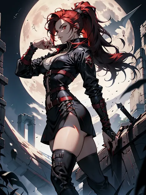 rogue human woman, with red hair and black streaks, long high ponytail, white corset, black mini skirt, black thigh high boots, ...