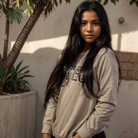 Peruvian teenager with brown skin and long black hair , Brown eyes, With .