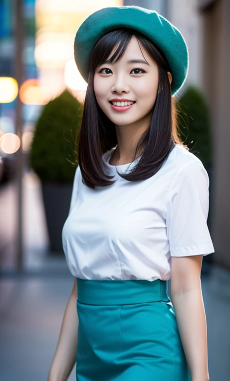 (A gorgeous American-Chinese advanced practice nurse, age 33, wearing formal office attire, short-sleeve white shirt with cyan beret, sky-blue pencil skirt, walking away from a failed peacekeeping mission, friendly and kind expression, gentle smile, dimple...