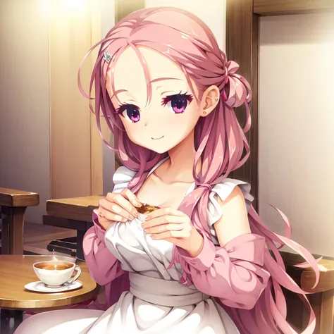 seductive, ((forehead to show)), attractive, sexy eyes, red coat, pink hair, delicate, young, long hair, detailed face, high definition, full body, maid, cute smile, cafe