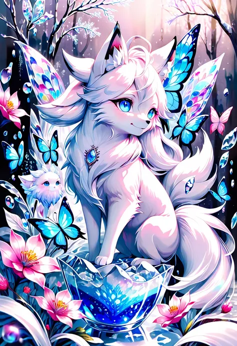 ultra detailed, hdr, highres, absurdres, master piece, white fox, ninetales, expressive blue eyes, glass, ice glittering butterf...