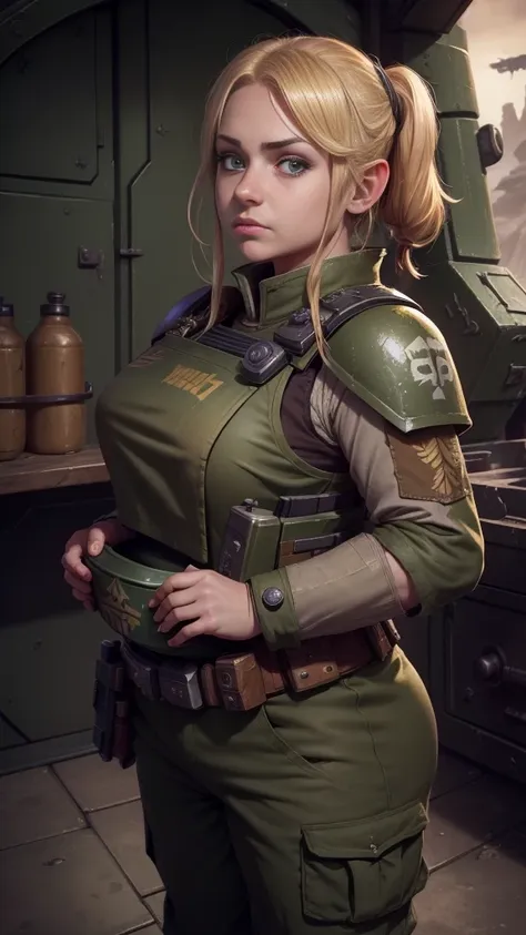 1girl, (high-angle shot), warhammer 40k imperial guardsman, ((female hobbit)). blonde hair, bare hand, hafling, pants, (green bu...