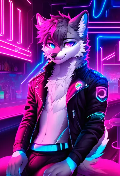 the perfect wolf fursona, male, grey fur, white fur, pink and blue heterochromia eyes, cyber-arm, futuristic leather jacket, neo...