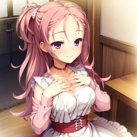 seductive, ((forehead to show)), attractive, sexy eyes, red coat, pink hair, delicate, young, long hair, detailed face, high definition, full body, maid, cute smile, cafe, hands behind back