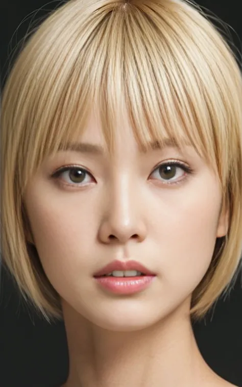 japanese woman, blond hair, short cut hair, face close up