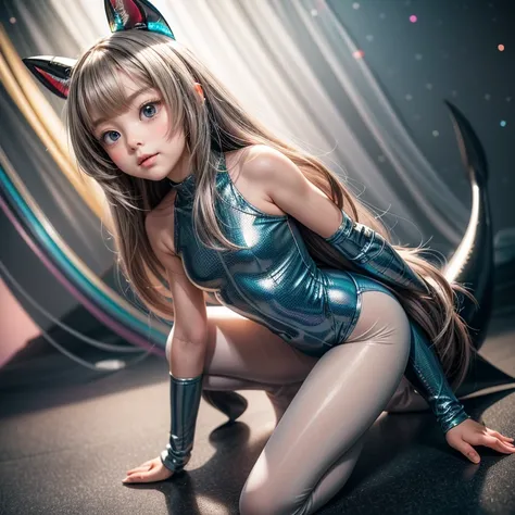 ((stuffed Shark head cap, PearlyColor Skinny BodySuit)), 8k, High-level, absurd, masterpiece, best quality, primitive, very detailed CG, very detailed wallpaper, perfect lighting, Extremely detailed ((( personifying " Shark" as a Little Girl))), MysticSigh...