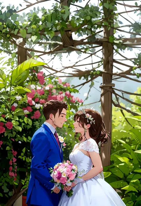 beautiful wedding scene, two characters, both standing, full body view, groom with loid style brown hair from spy x family, wear...