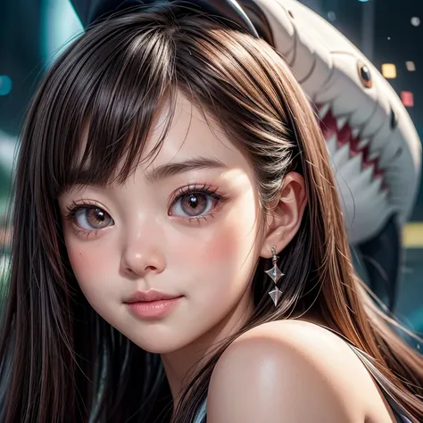 (((HUGE stuffed Shark on Head))), 8k, High-level, absurd, masterpiece, best quality, primitive, very detailed CG, very detailed wallpaper, perfect lighting, Extremely detailed ((( personifying " Shark " as a Little Girl))), MysticSight, Tyndall effect, Tyn...