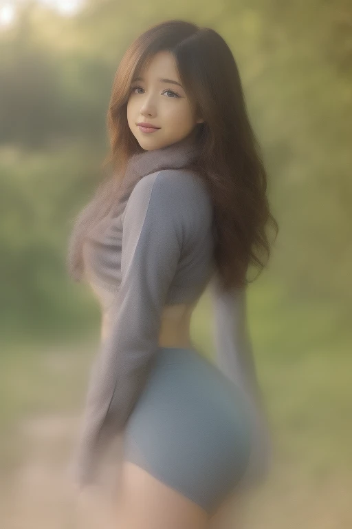 realistic portrait photo of beautiful pkmn, outdoor, natural light, pokimane, ass view