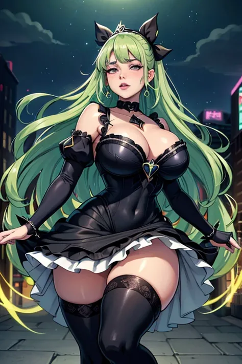 A chubby magical girl, chubby body, fat thighs, bulging belly, full breasts and chubby arms, bochechas chubbys, long and voluminous curly pastel green hair with bangs, wearing a magical girl outfit with head adornments with thorns and metal faces on the si...