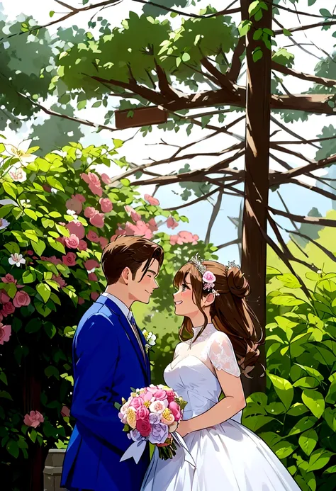 beautiful wedding scene, two characters, both standing, full body view, groom with loid style brown hair from spy x family, wear...