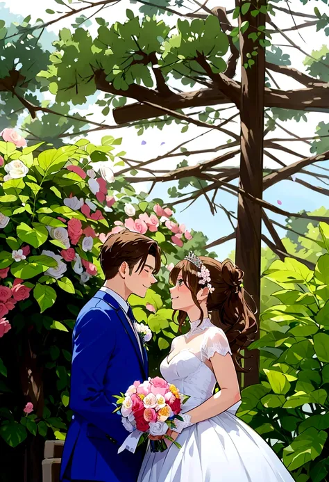 beautiful wedding scene, two characters, both standing, full body view, groom with loid style brown hair from spy x family, wear...