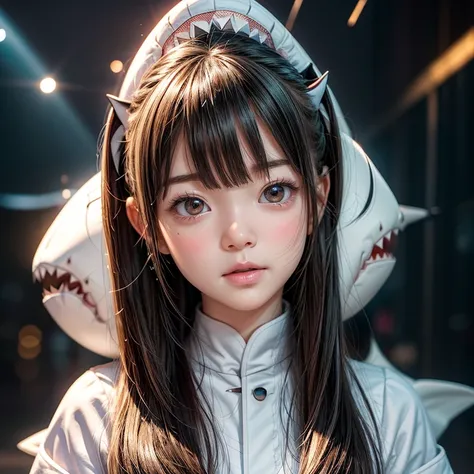 (((HUGE stuffed Shark on Head))), 8k, High-level, absurd, masterpiece, best quality, primitive, very detailed CG, very detailed wallpaper, perfect lighting, Extremely detailed ((( personifying " Shark " as a Little Girl))), MysticSight, Tyndall effect, Tyn...