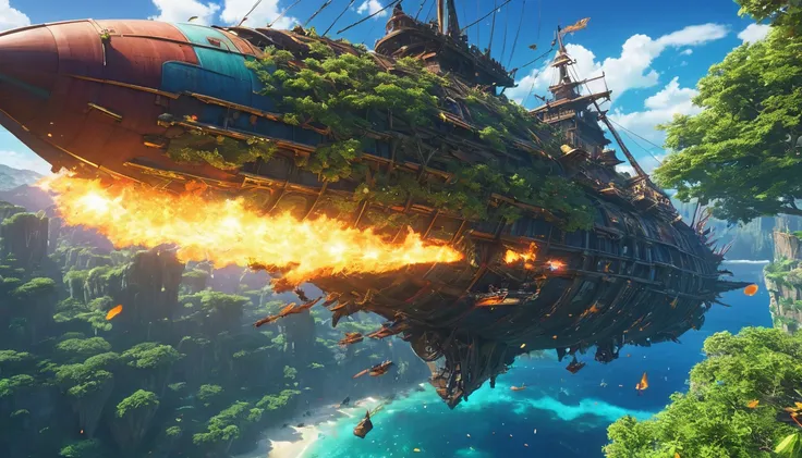 (anime, fantasy, fantasy fly ship), (detailed CG unity 8k wallpaper, masterpiece, best quality, ultra-detailed, HDR:1.2, depth of field), vibrant colors, intricate, high FXAA, crash fly ship, debris, fire surrounding the fly ship, falling tree, close-up sh...