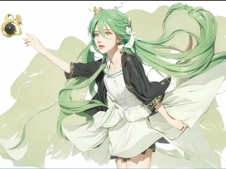 ((Masterpiece)), (best quality), (very detailed), ((very detailed)), 4k, (8k),1 girl,Hatsune Miku,  girl with green hair and a black jacket holding a small black crown, realistic photo portrait, pixiv, conceptual art, vocaloid, palutena, mikudayo, hatsune ...