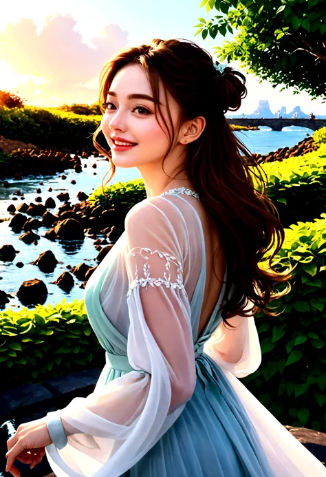 (masterpiece, best quality: 1.2), (1 woman_alone, cute face_delicate features and cheek dimples), wearing a flowing green dress,...