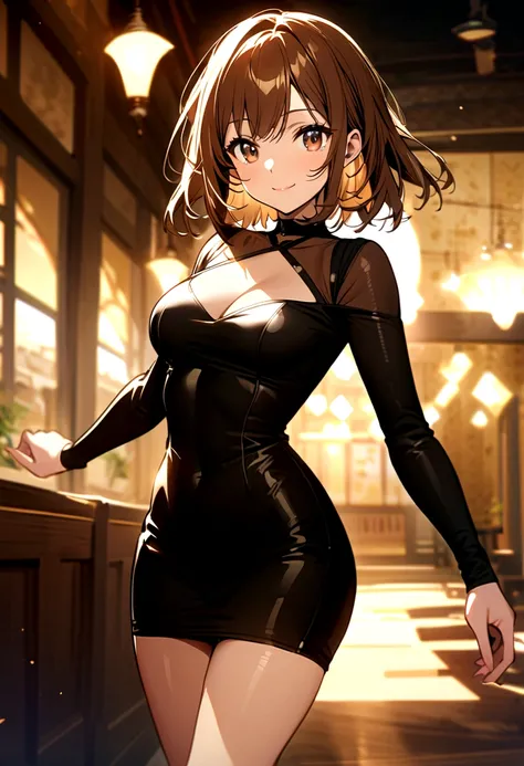  anime girl with brown hair black bodycon dress with long sleeves and a rectangular neckline with light tanned skin dark brown eyes and smiling