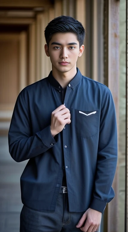 Aarav man wearing a shirt Haraf man looking at camera, perfect has a round face, A well-maintained model., Southeast Asian man with a round face, 3-D profile picture, 8K, 45,000,000 pixcls, realistic light colors, beautiful young asian man, charming anime,...